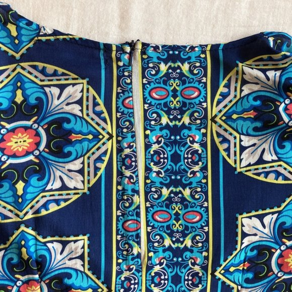 Boho Geometric Print Romper Flare Sleeve Short Jumpsuit Blue Red Turquoise Sz M - Picture 8 of 9